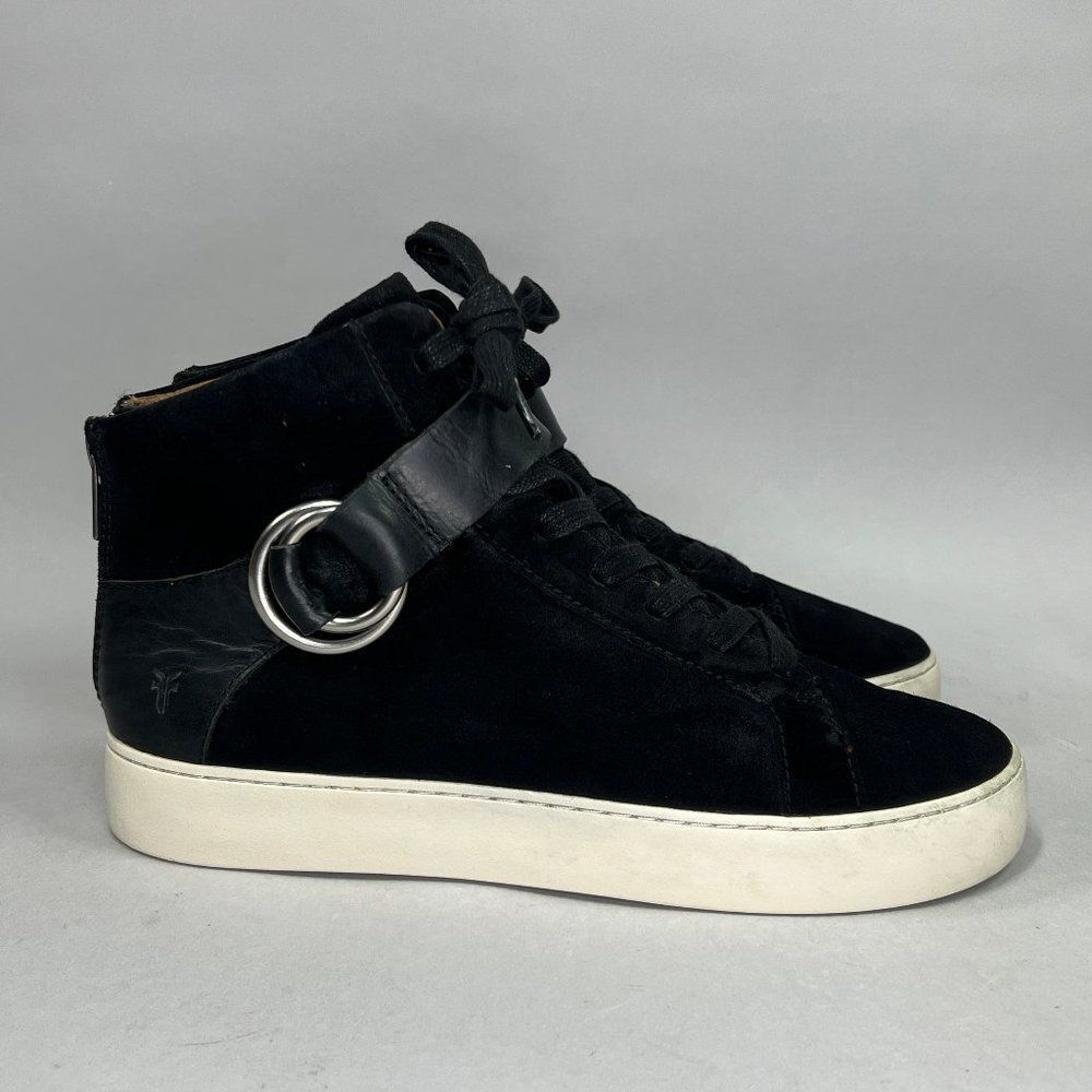 Frye Lena Shoes Women's Size 8.5 Black Suede Leather Harness Lace Up Sneakers‎